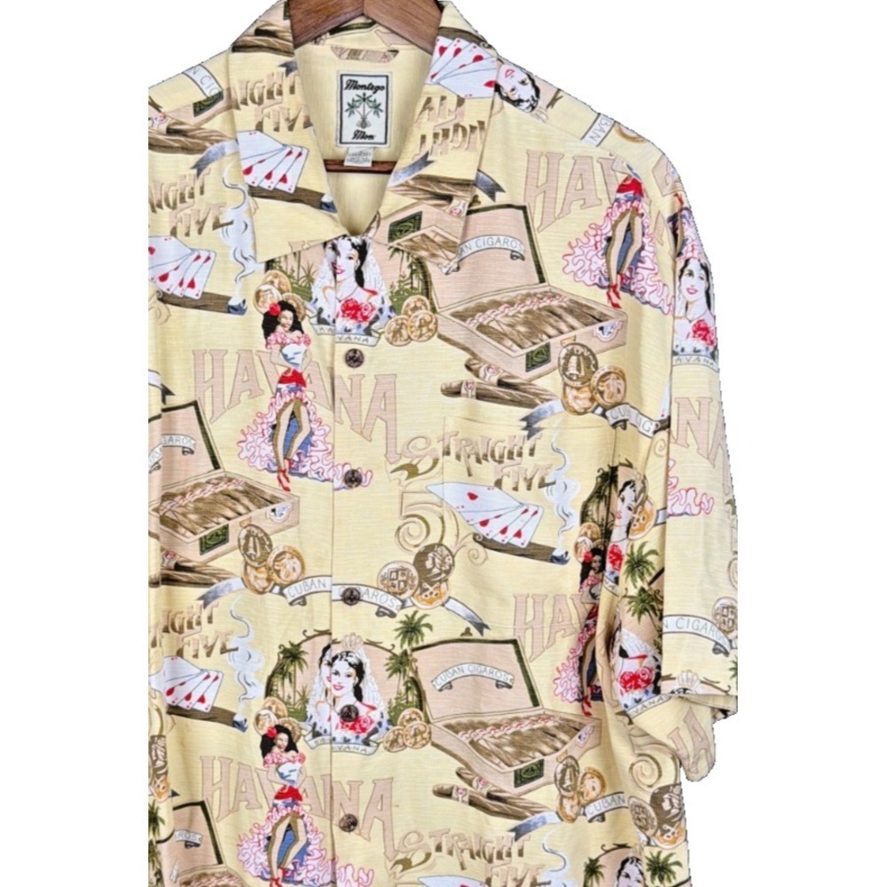 Montego Mon Havana Cuba Cigar Card Pinup Silk Hawaiian Camp Shirt XL Yellow